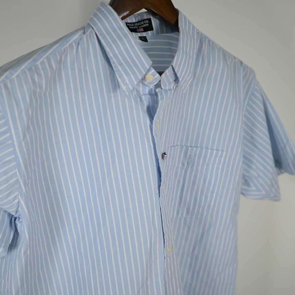 Polo Jeans Co Ralph Lauren Mens Large Blue White Stripe Short Sleeve Button Down
